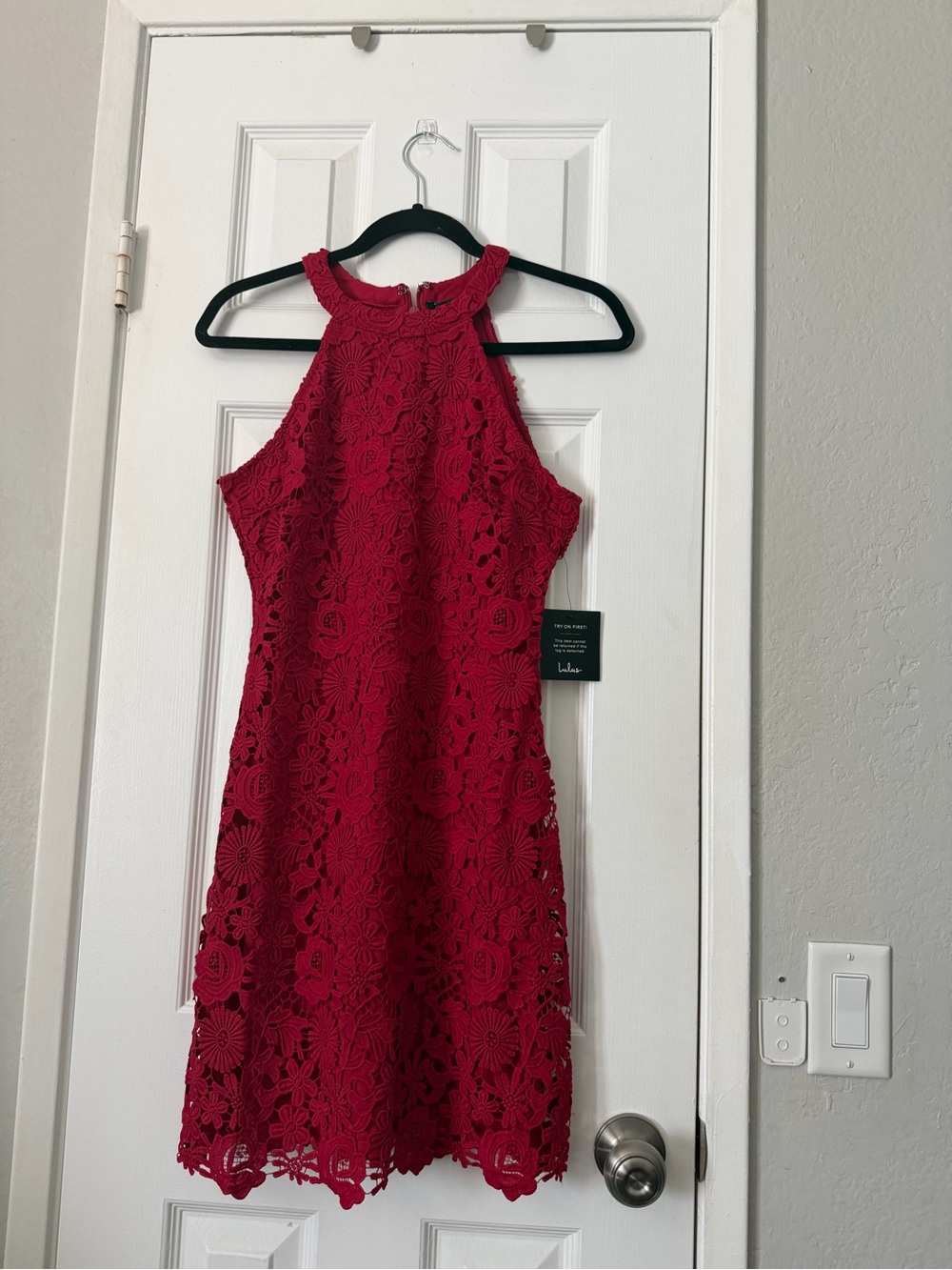 Lulu's Red Floral Crochet Halter Mini Dress